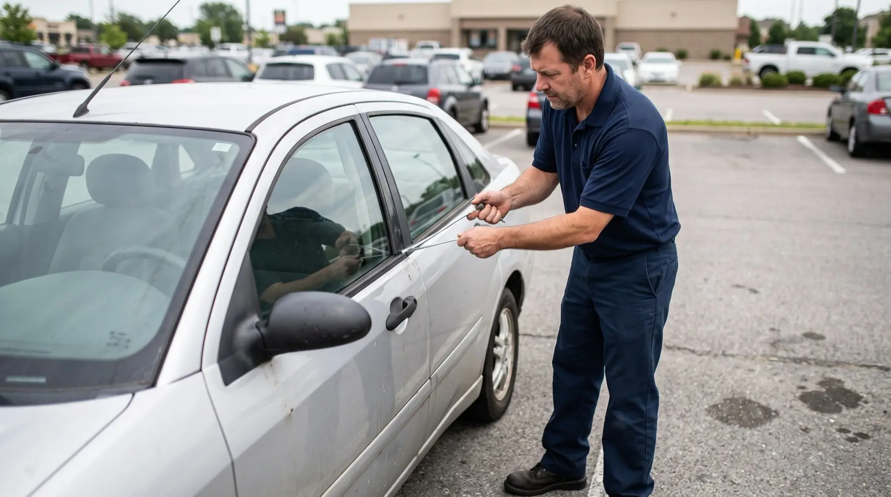 Marco Island Locksmith opening a locked car door with a long-reach tool